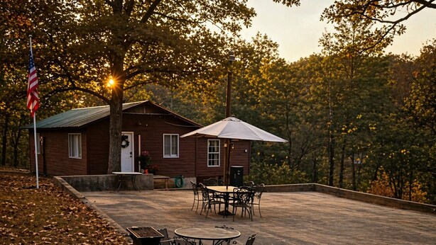 A patio with outdoor furniture, a fire pit, and a flag. - Secluded • Table Rock Lake Cabin • Near Branson (Green Forest)