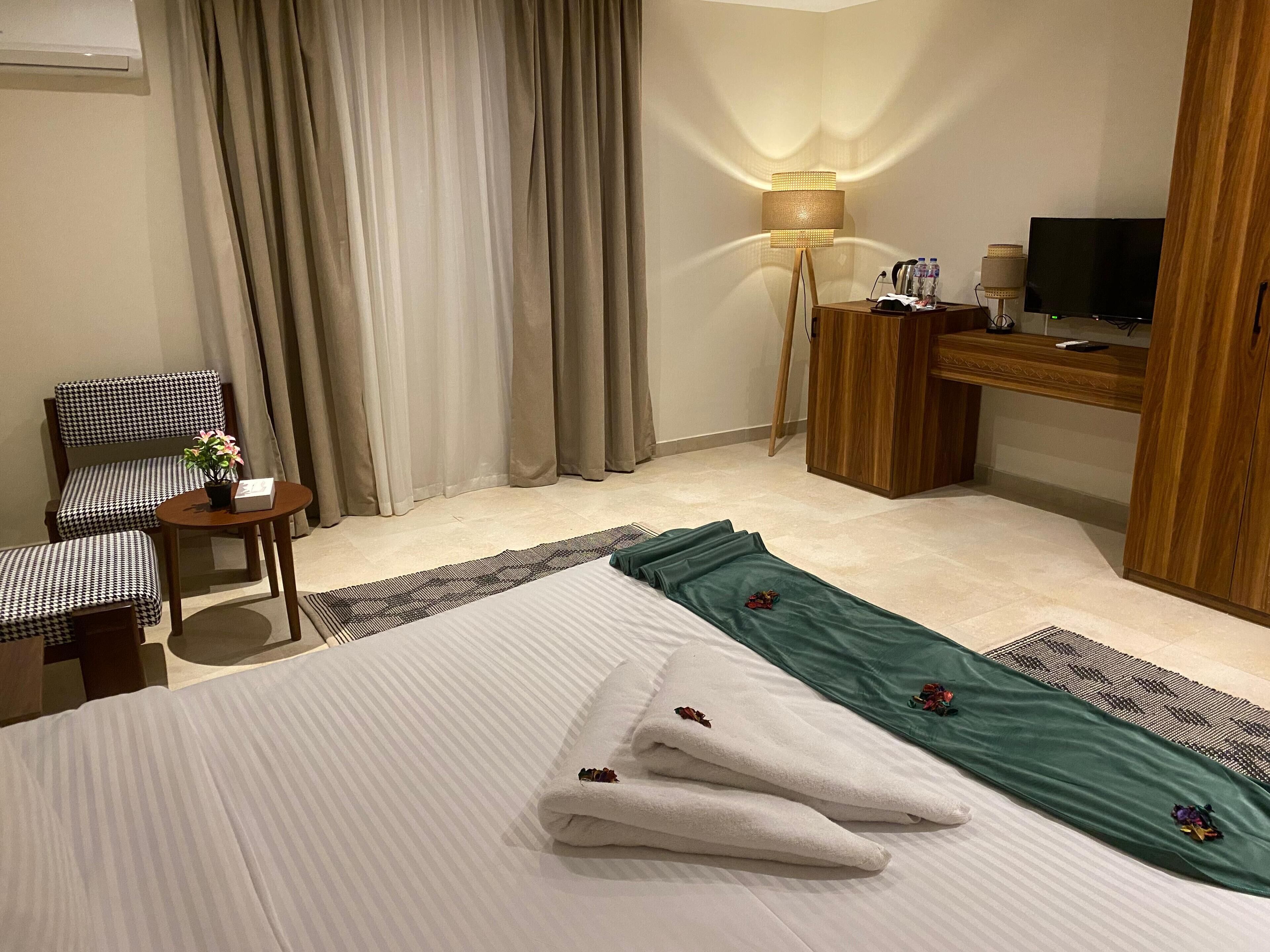 A hotel room with a bed, a chair, a desk, a TV, and a lamp.