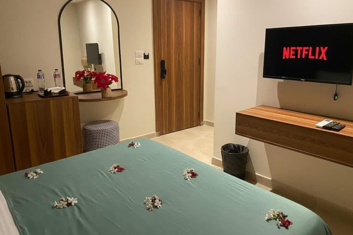 Ett hotellrum med en säng, en tv som visar ”NETFLIX”, ett skrivbord i trä, en spegel och en dörr.