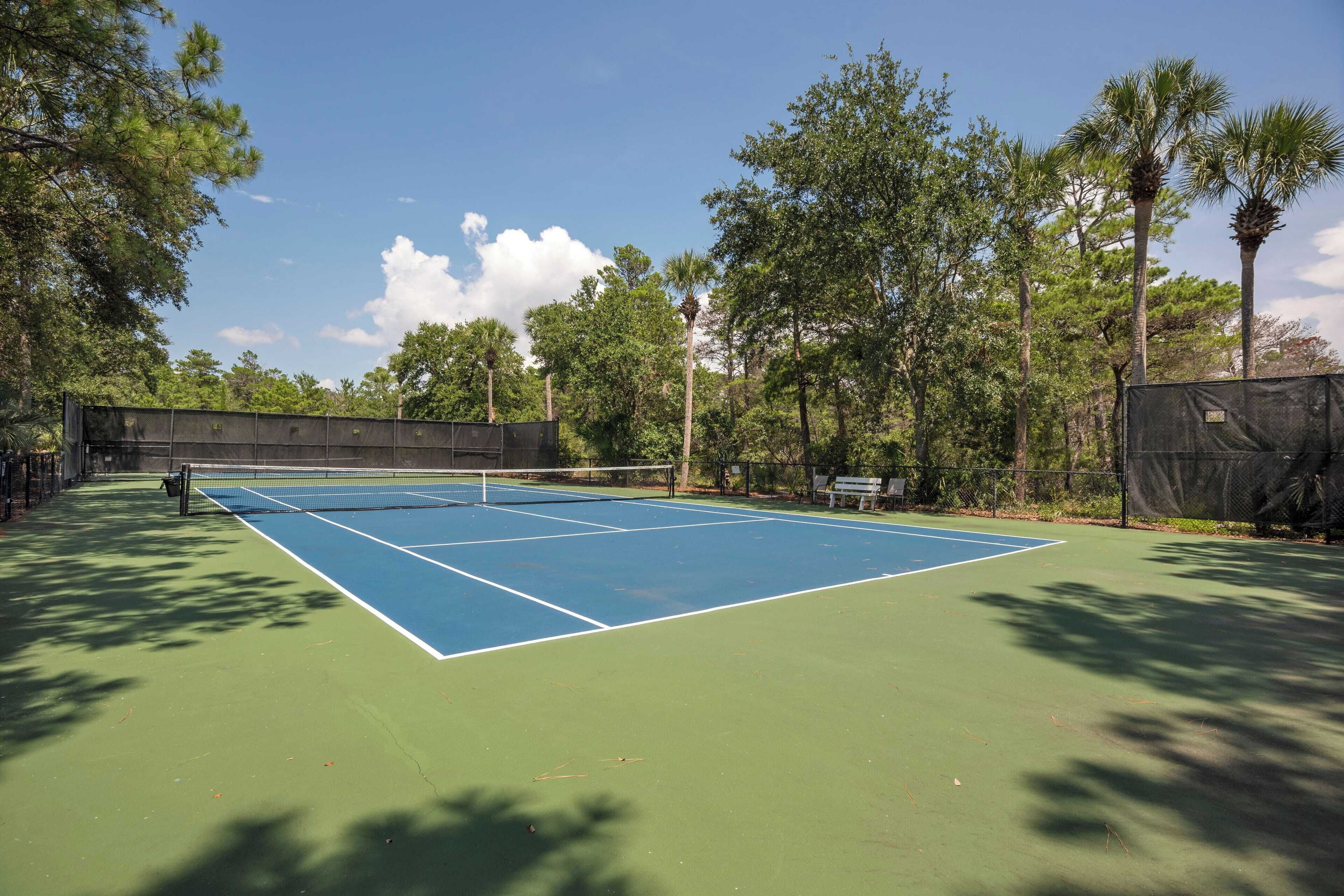 Ein Tennisplatz im Freien, umgeben von Bäumen.