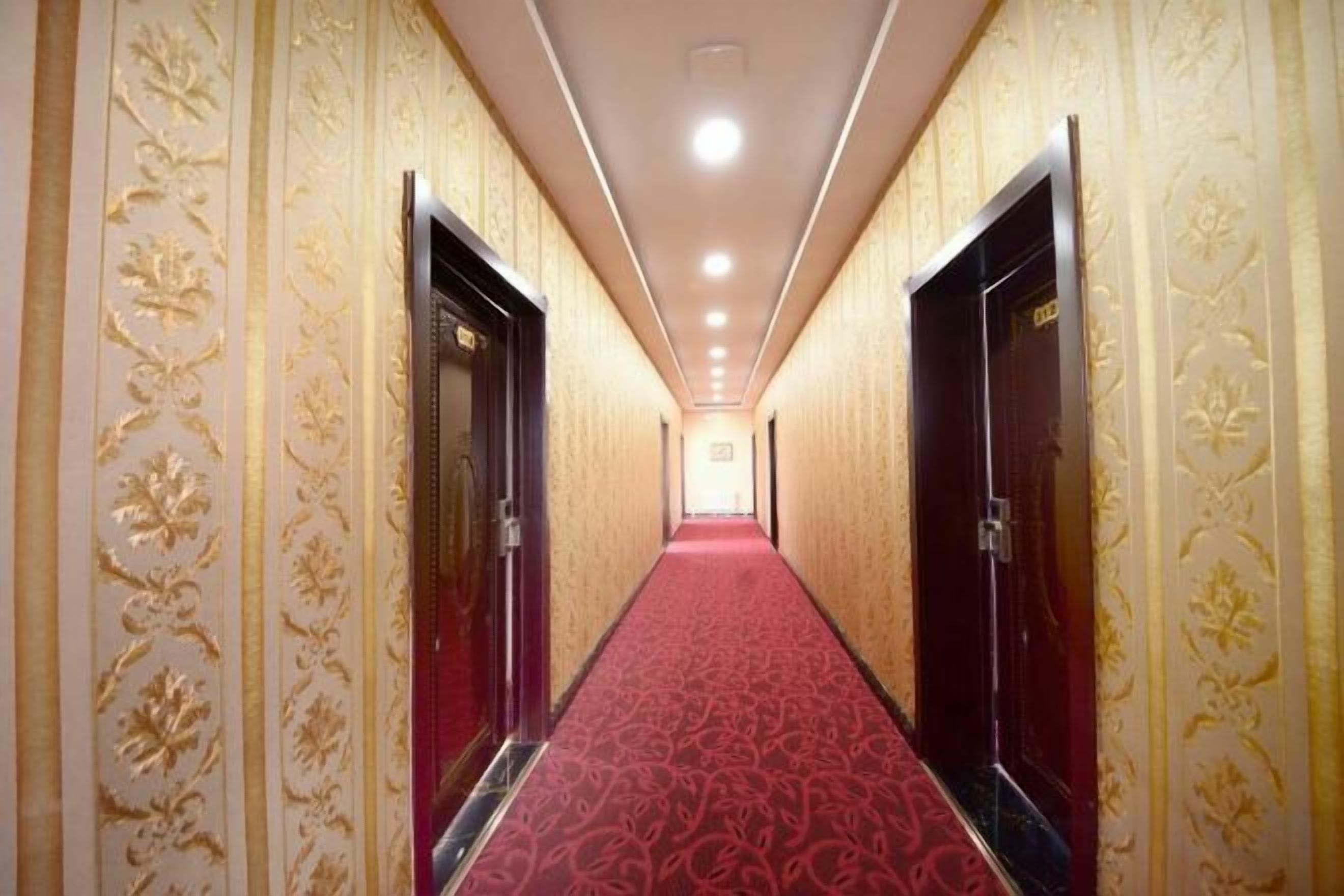 A hotel hallway with a red carpet, ornate wall designs, and doors on either side.