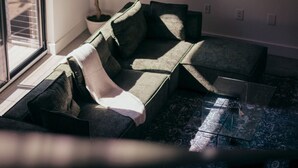 Una sala moderna con un sofá modular, una mesa de centro de vidrio y una planta en maceta.