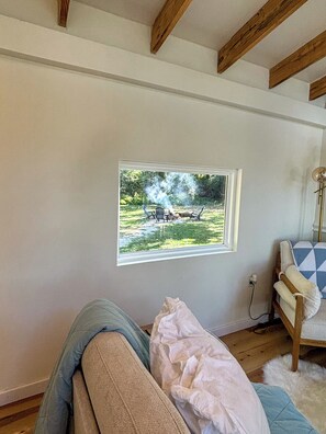 Smart TV, fireplace, books