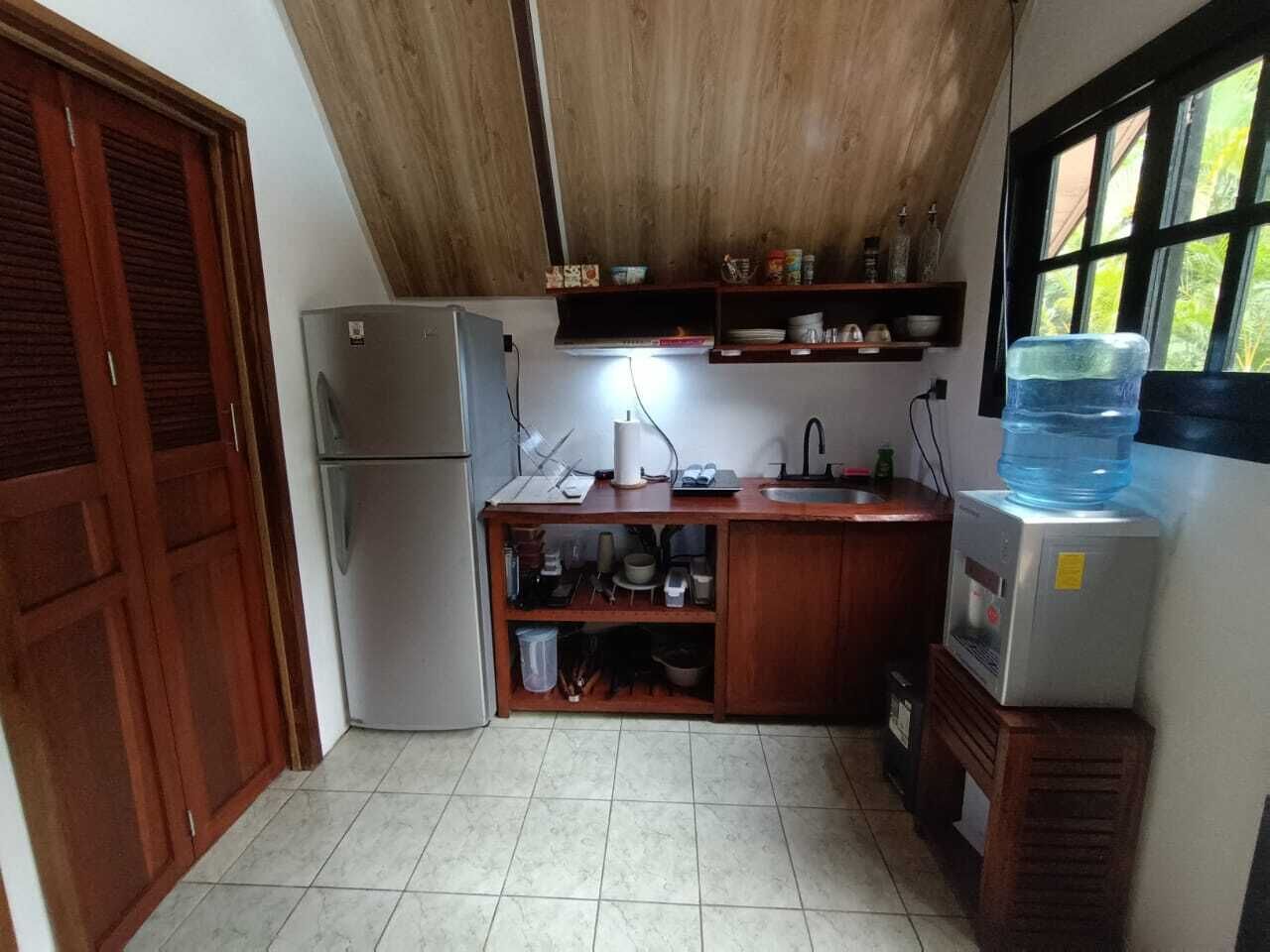 Fridge, coffee/tea maker, toaster, blender