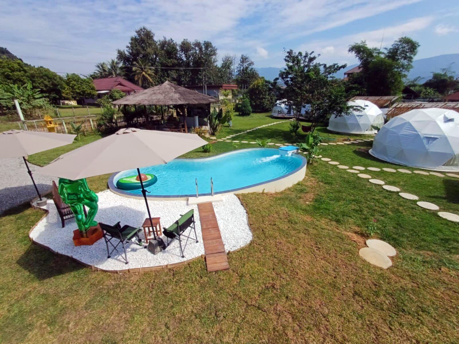 A swimming pool with a deck area, surrounded by grass and trees. There are umbrellas, chairs, and a small structure in the background.