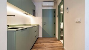 Un pasillo estrecho con una zona de cocina a un lado, que incluye armarios y una encimera.