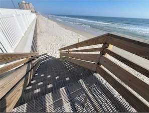On the beach, sun loungers, beach towels