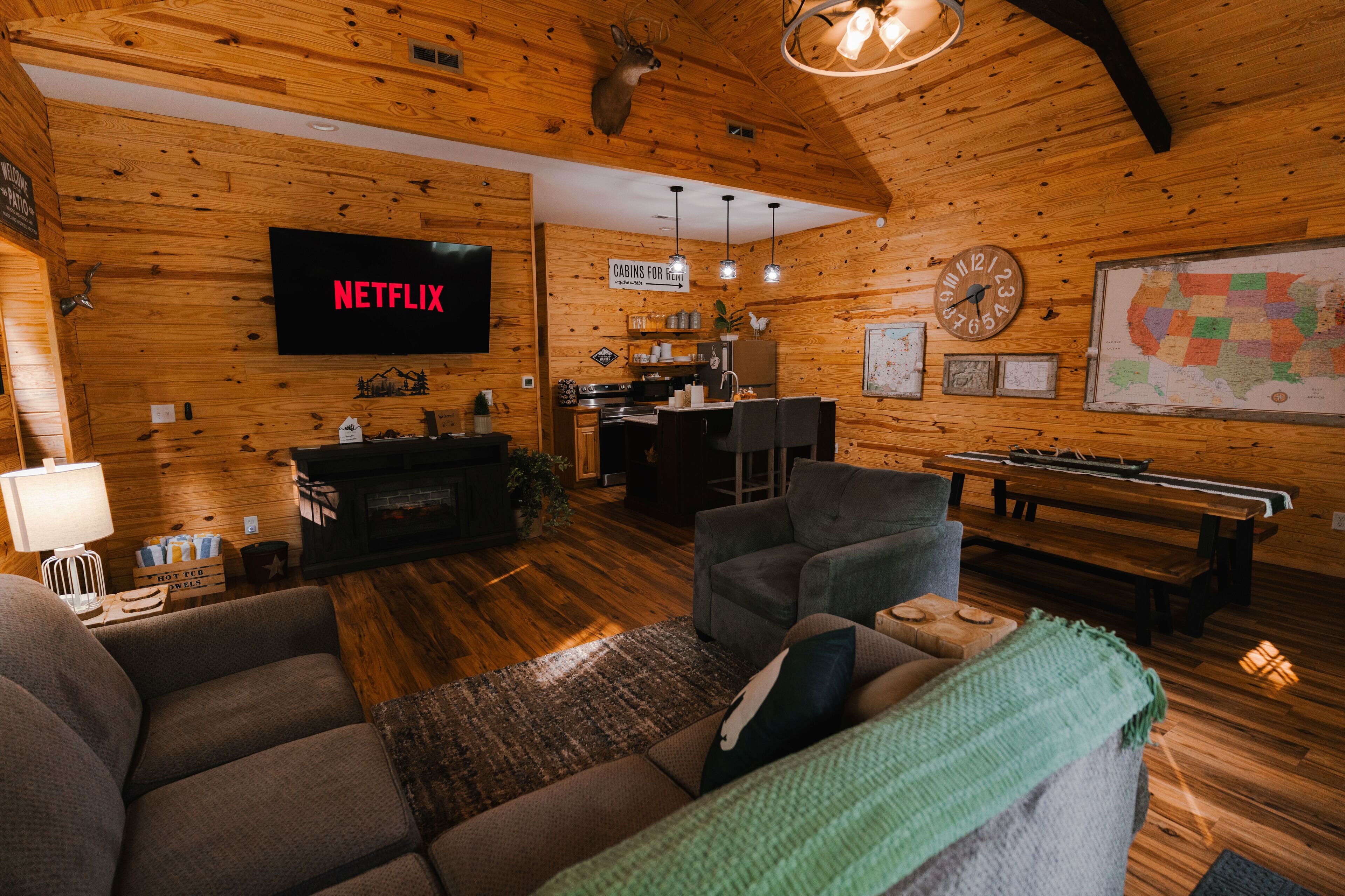 Smart TV, fireplace, books