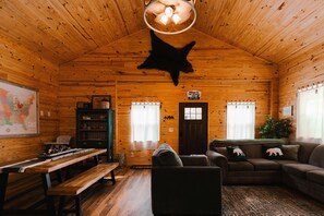 Smart TV, fireplace, books