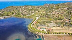 An aerial view of a coastal town with a marina, terraced vineyards, and residential buildings.