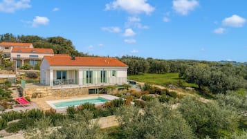 A modern villa with a swimming pool, surrounded by olive trees and a clear blue sky.