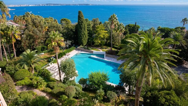 Une piscine entourée d’une végétation luxuriante, avec vue sur la mer.