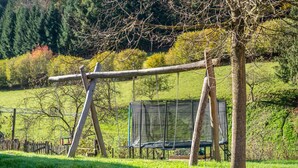 A swing set in a grassy area with a fence and trees in the background.
