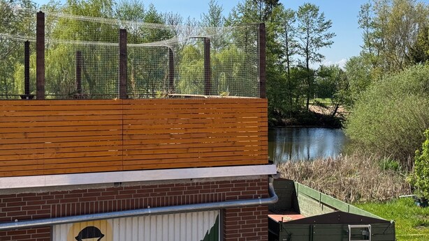 A wooden deck with a brick wall, a metal railing, and a green structure near a body of water.