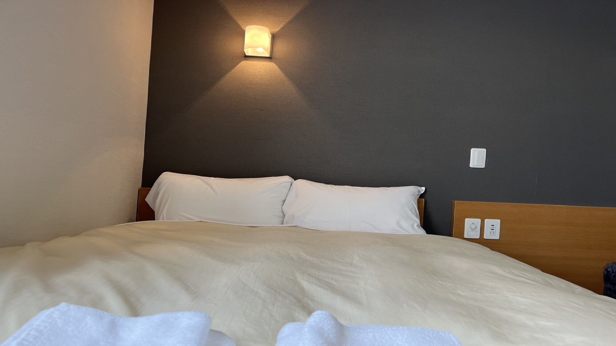 A hotel room with a bed, a wall-mounted light, and a power outlet.