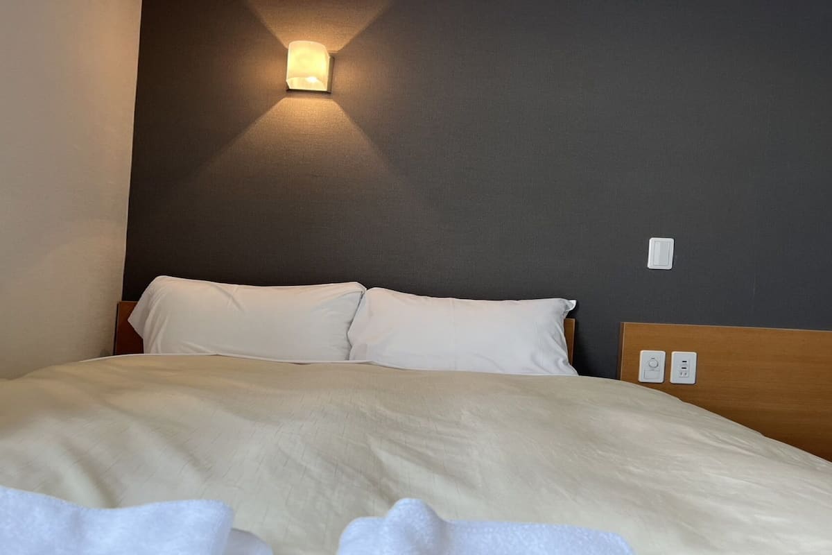 Una habitación de hotel con una cama, una lámpara fijada a la pared y un enchufe.