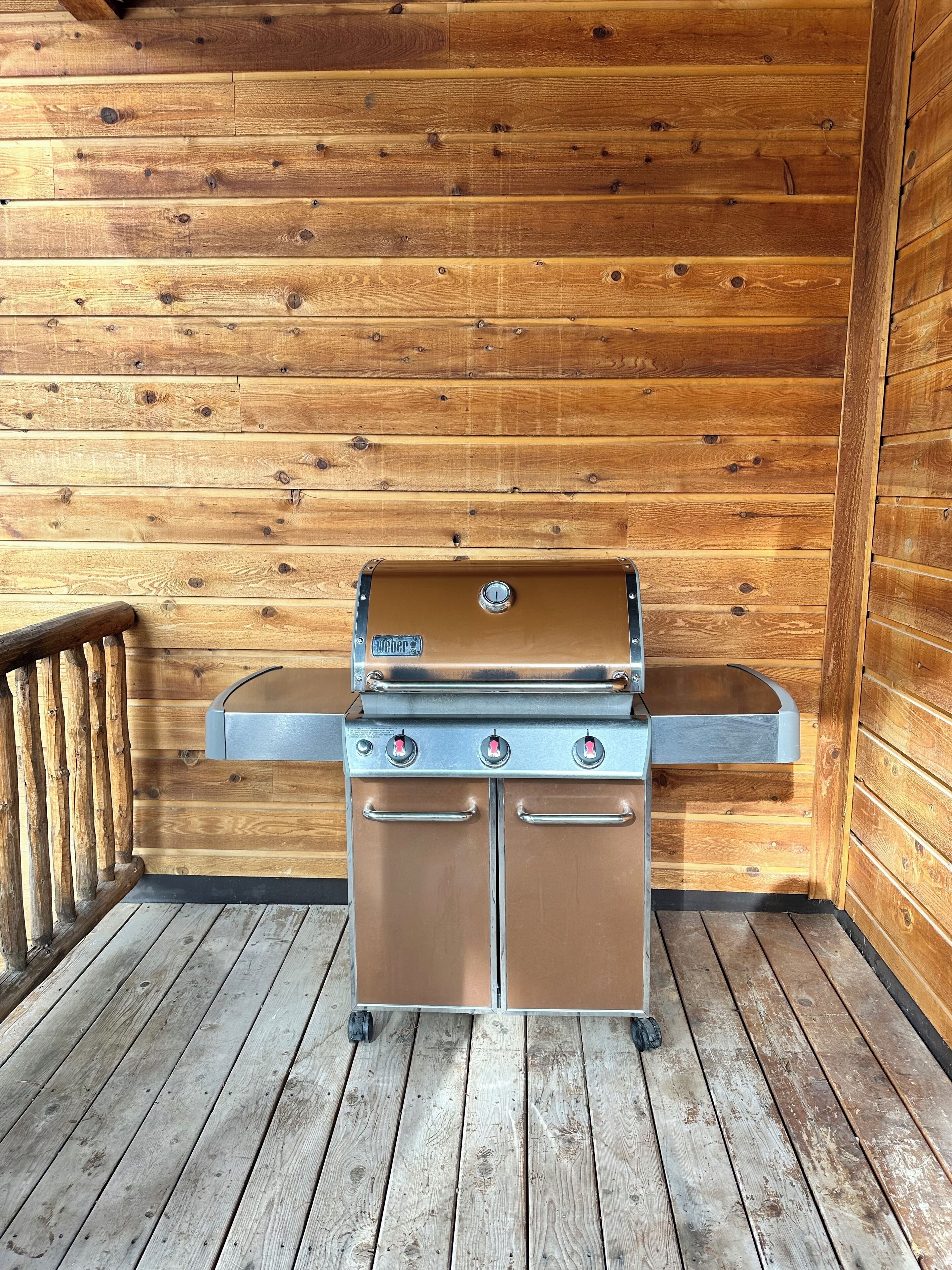 Ein Weber-Grill mit Ablagefläche und zwei Türen, platziert auf einer Holzterrasse, im Hintergrund eine Holzwand.