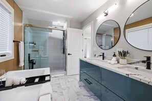 Eco-friendly toiletries, hair dryer, towels