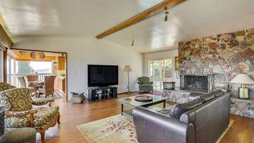 TV, fireplace, books