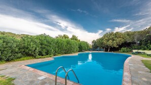 A rectangular swimming pool with a stone border, surrounded by a stone patio and lush greenery.