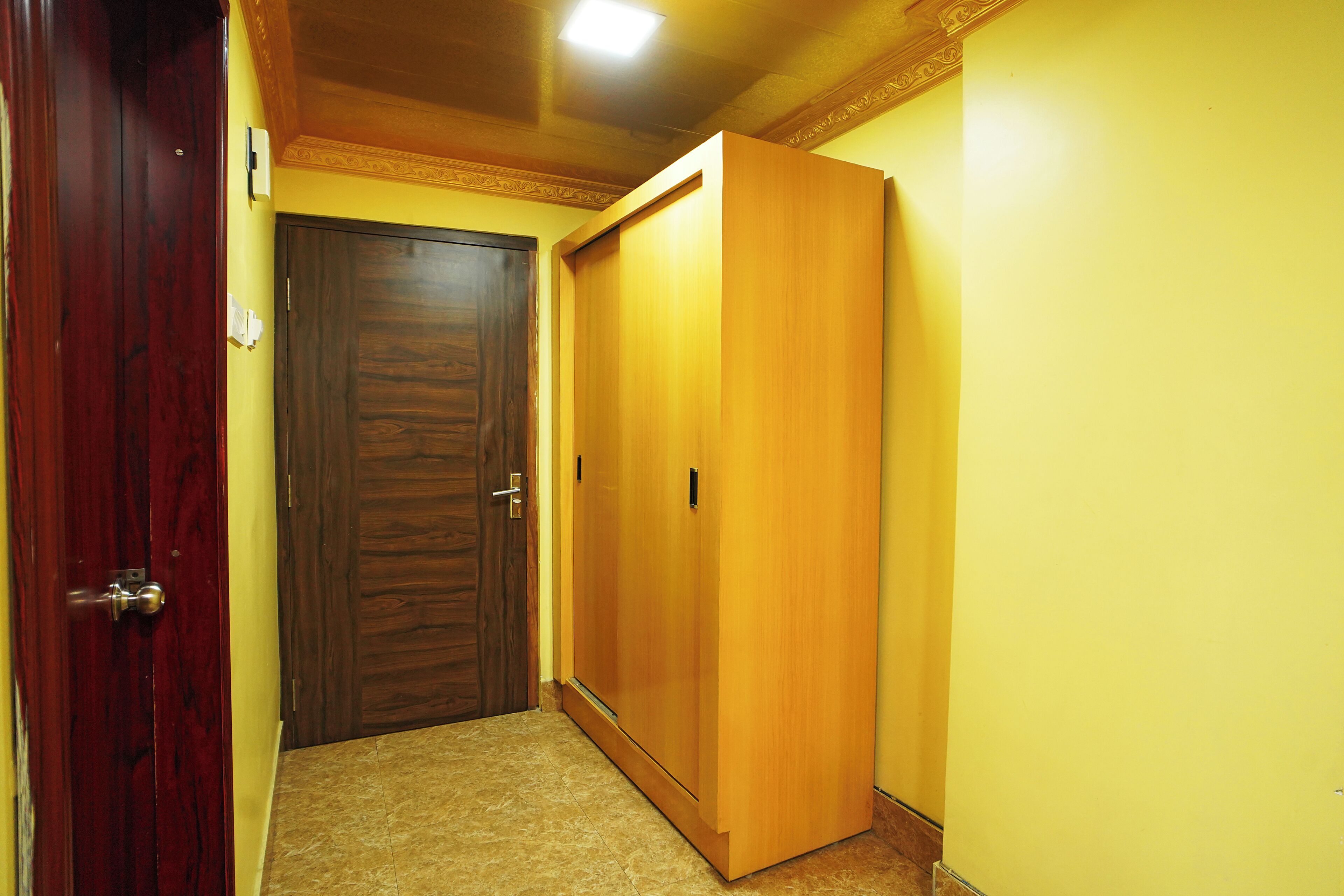 A hallway with a wooden door, a wardrobe, and a light fixture on the ceiling.