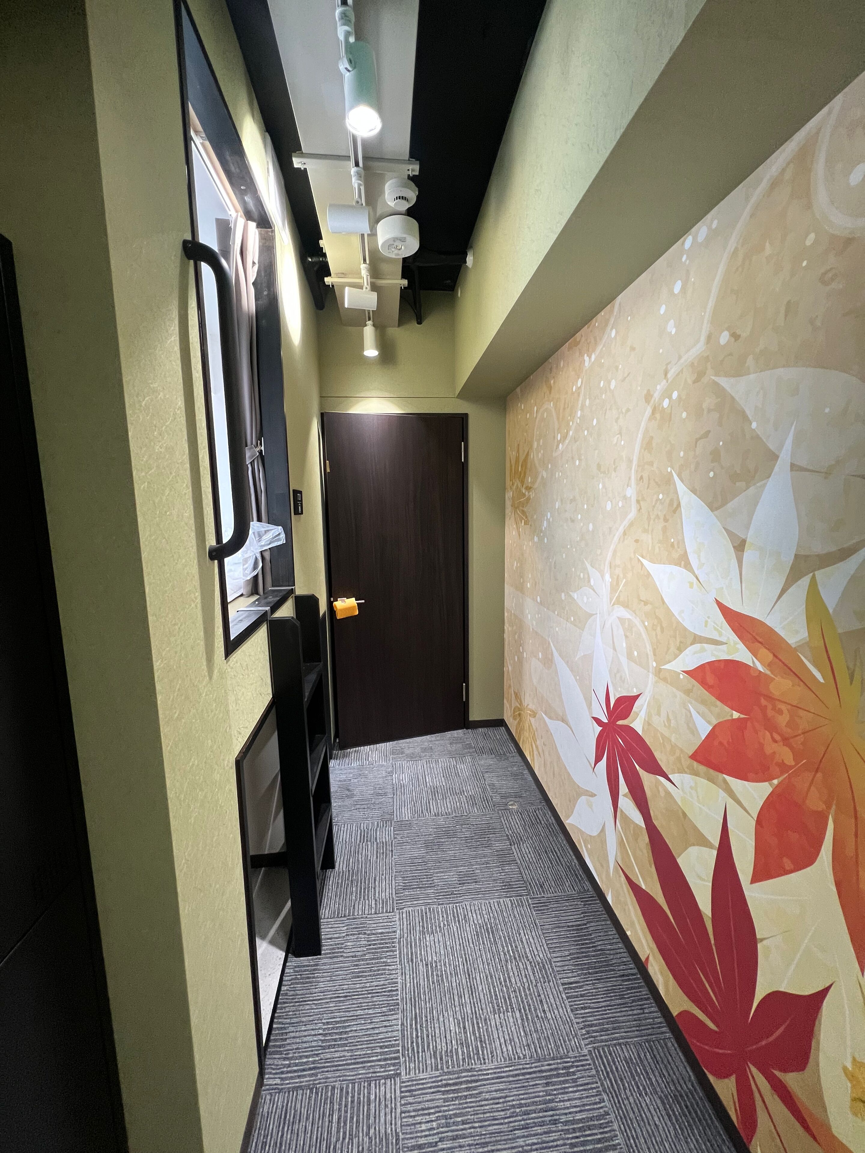Un couloir avec une porte en bois sombre, un climatiseur fixé au mur et un mur orné d’un motif.