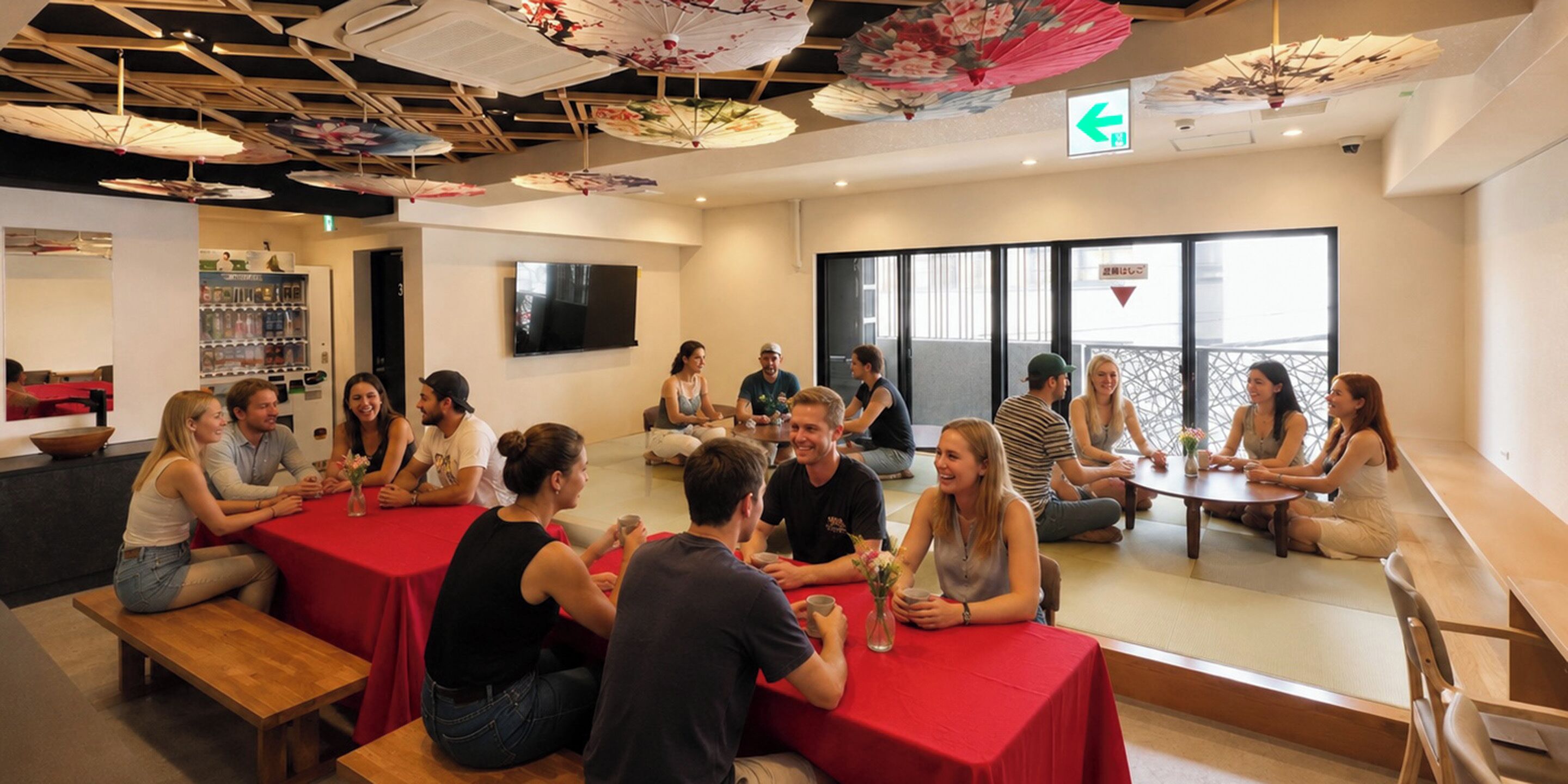 A group of people seated around tables in a room with a modern interior, including a flat-screen TV and a ceiling with hanging floral decorations.