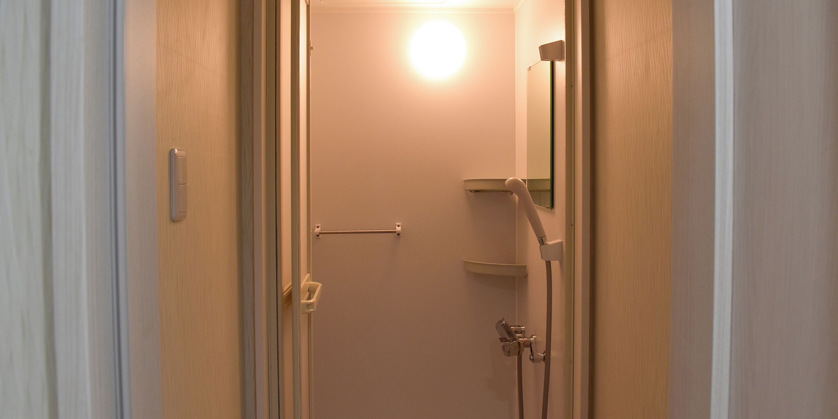 Un bagno con doccia, un portasciugamani e uno specchio.