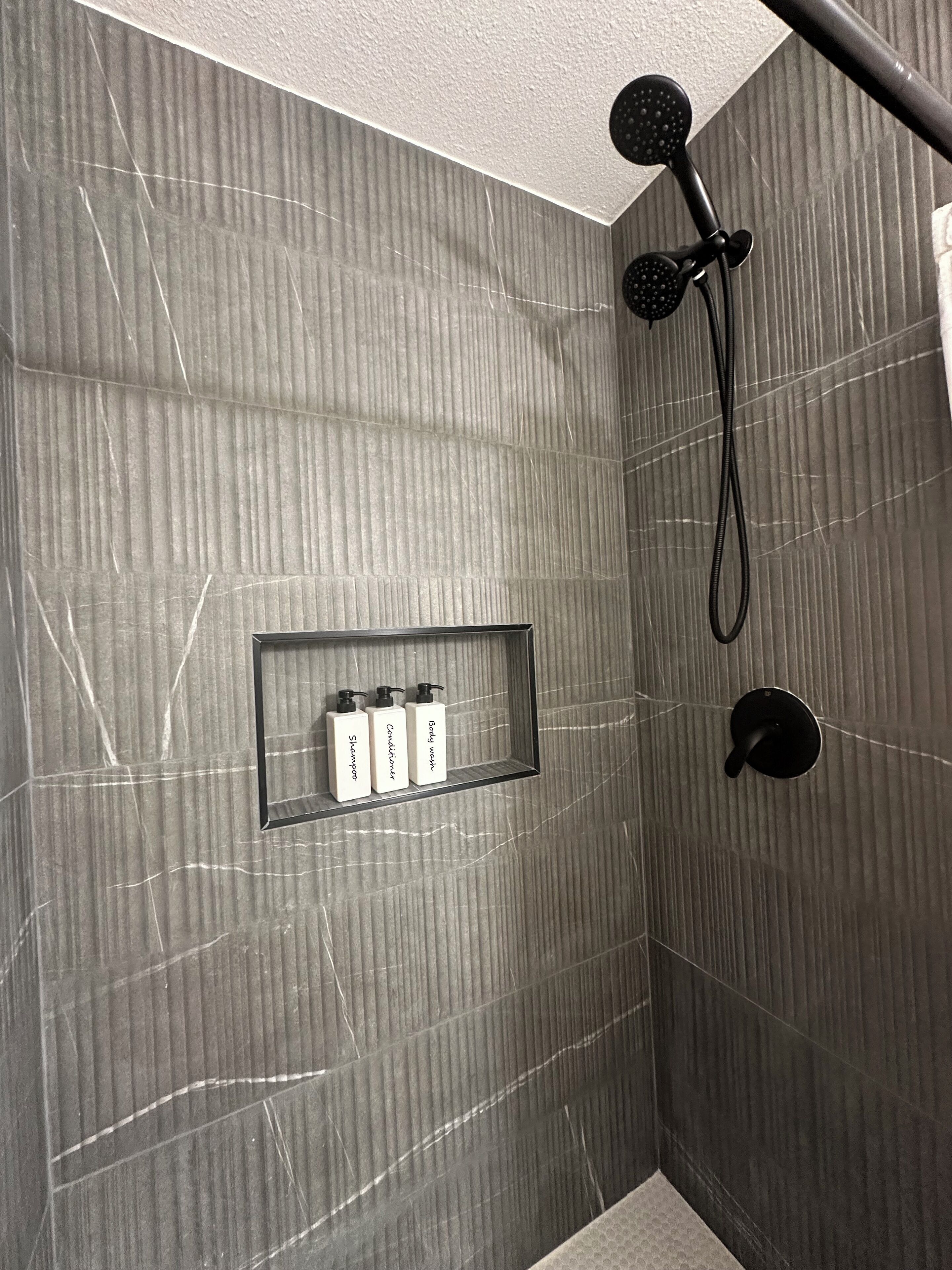 Hair dryer, towels, soap, shampoo