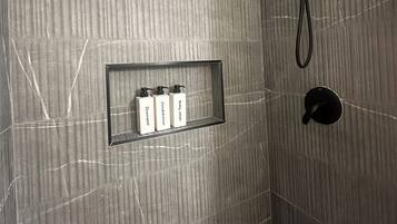 Hair dryer, towels, soap, shampoo