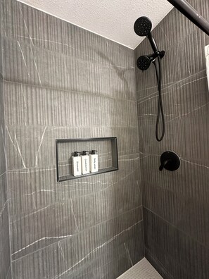Hair dryer, towels, soap, shampoo
