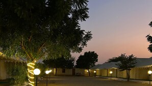 A sandy courtyard with trees and illuminated poles, surrounded by buildings with thatched roofs. - Safari Nights Resort Jaisalmer (Jaisalmer)