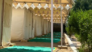 A row of tents with green mats on the ground, white curtains on the sides, and a patterned canopy overhead. - Safari Nights Resort Jaisalmer (Jaisalmer)