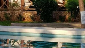 A pool with clear water reflecting the surrounding area, including a building with a thatched roof and white curtains. - JOHARI VILLA (Malindi)