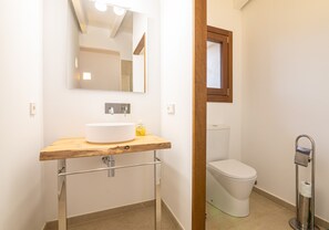 Een moderne badkamer met een houten wastafel, een grote spiegel, een toilet en een handdroger.