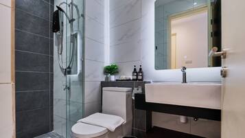 Een moderne badkamer met een douche met glazen wand, toilet, wastafel en spiegel.