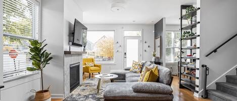 Smart TV, fireplace, books, computer monitors