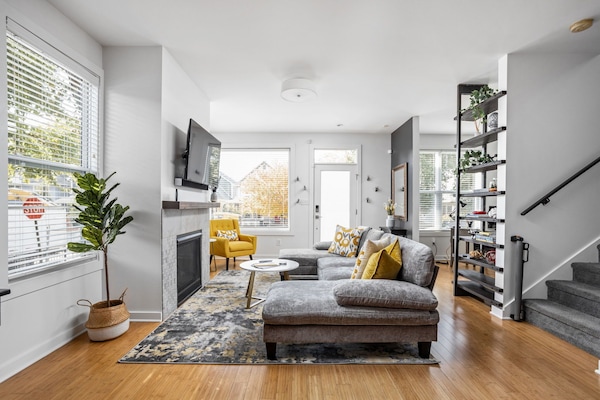 Smart TV, fireplace, books, computer monitors