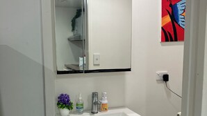 Une salle de bain avec un lavabo blanc, un miroir, une plante en pot, un distributeur de savon liquide et un porte-rouleau de papier toilette.