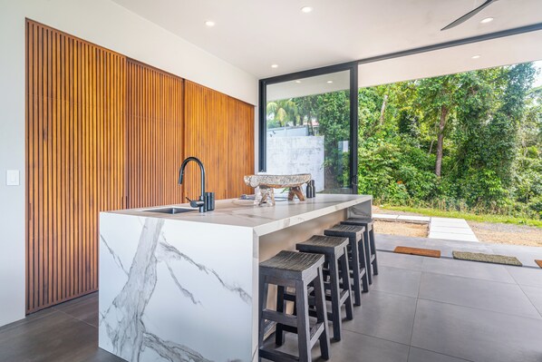 A modern kitchen with a marble island, wooden panel wall, and a large sliding glass door leading to a garden. - Luxury-3-suites-100 MB-Ocean views-Ojochal-Private (Ojochal)
