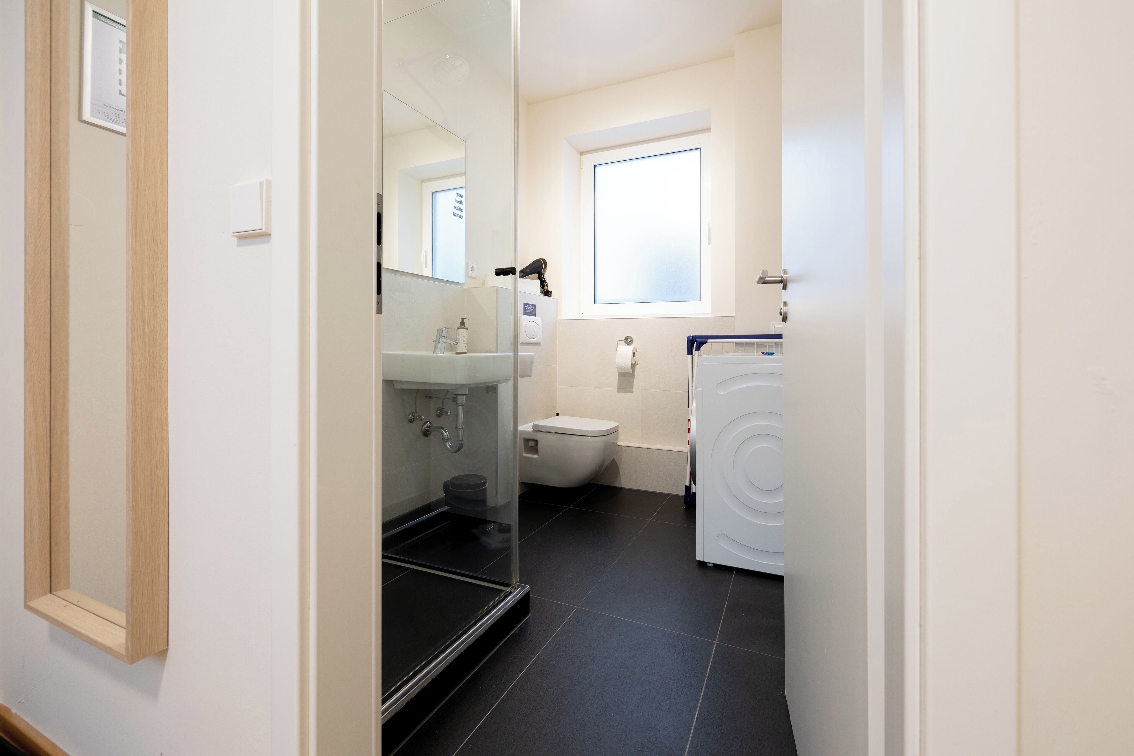 A modern bathroom with a glass shower enclosure, a toilet, and a washing machine.