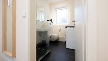 A modern bathroom with a glass shower enclosure, a toilet, and a washing machine.