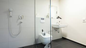 A modern bathroom with a glass shower enclosure, a white toilet, and a sink with a mirror above it.