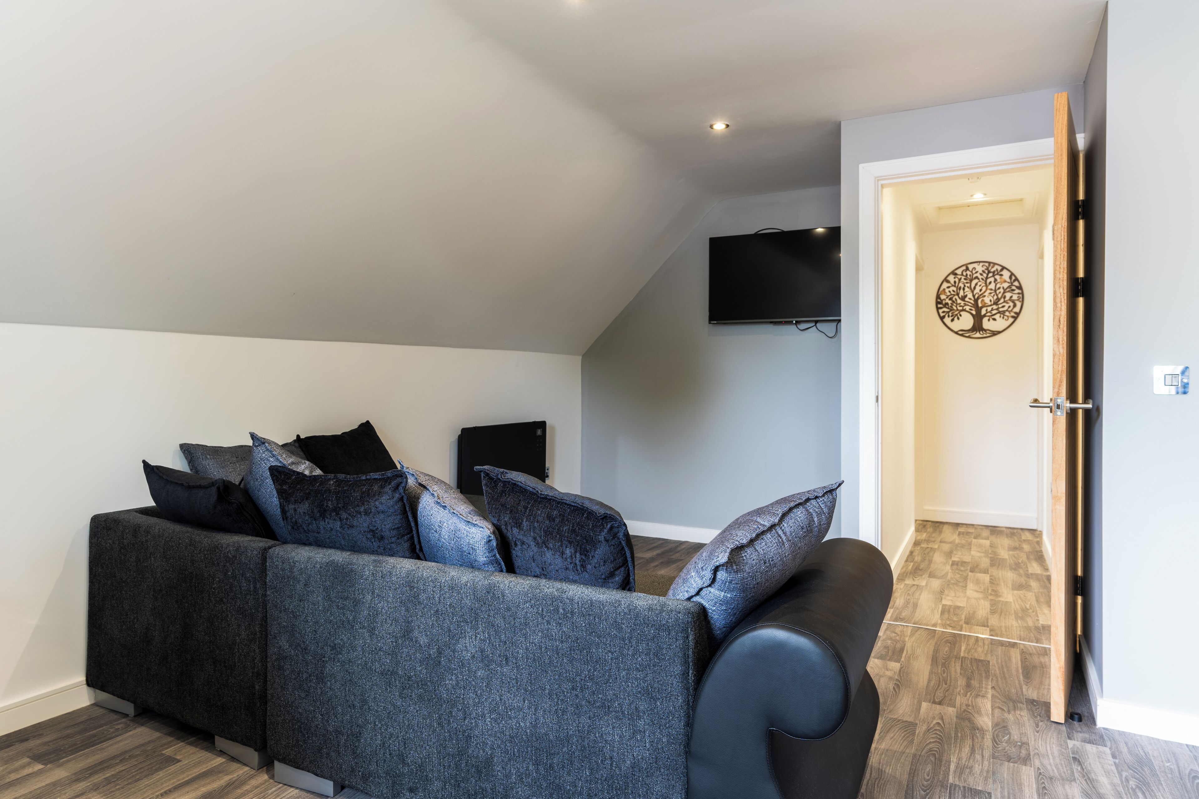 Een moderne woonkamer met een grijze bank, een flatscreen televisie aan de muur en een houten deur die leidt naar een andere kamer.