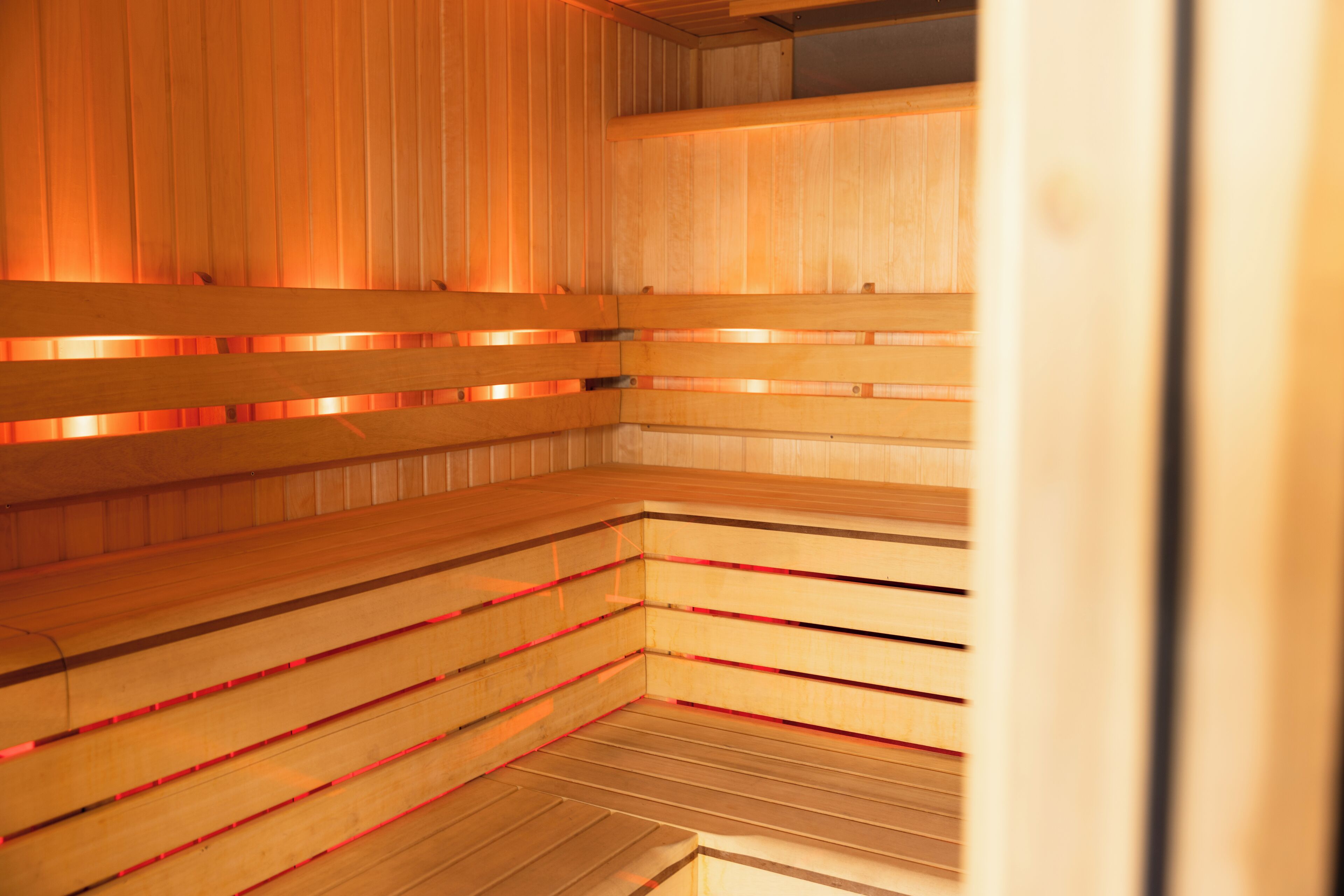 Een sauna met houten banken en lambrisering.