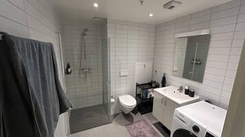 Hair dryer, towels, soap, toilet paper