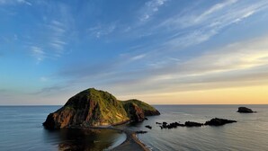 A coastal landscape with a prominent green hill and a calm sea. - SADO Futatsugame View Hotel (Sado)