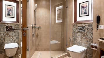 Shower, rainfall showerhead, hair dryer, slippers