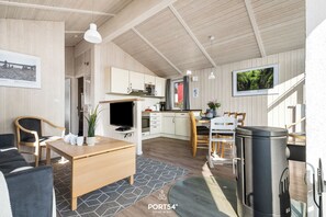 Una televisión, una chimenea, un reproductor de DVD