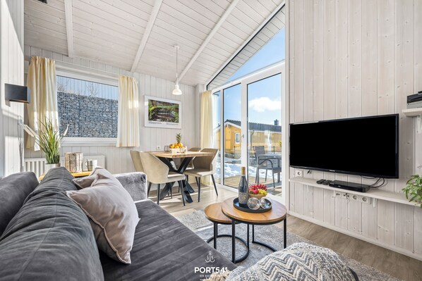 Televisie, een open haard, een dvd-speler en een stereo